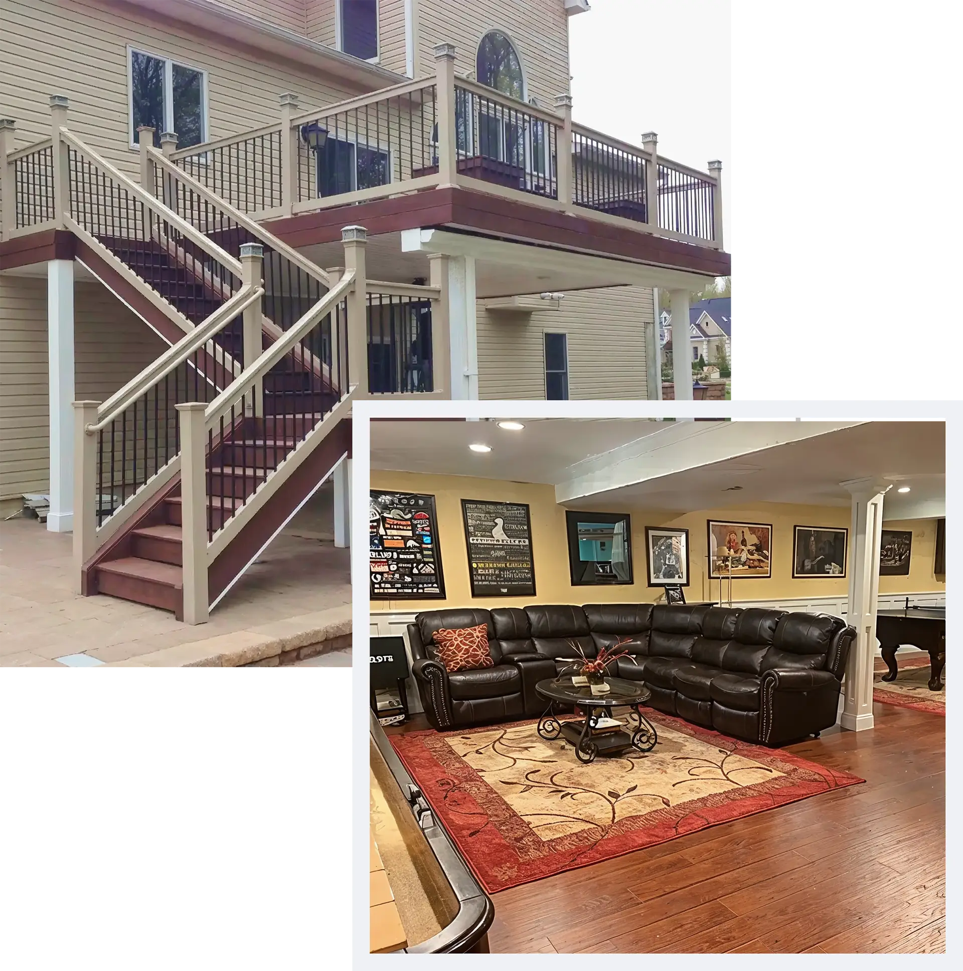 Dual home improvement services featuring custom exterior deck building with a two-story staircase alongside interior basement remodeling with a spacious entertainment and living area.